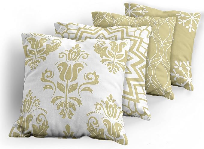 Ambesonne Retro Throw Pillow Cushion Case Pack of 4, Trellis Grid Medieval Floral Damask Mandala Flower Ornament in Modern Monochrome, Modern Accent Double-Sided Digital Printing, 18", Pale Khaki