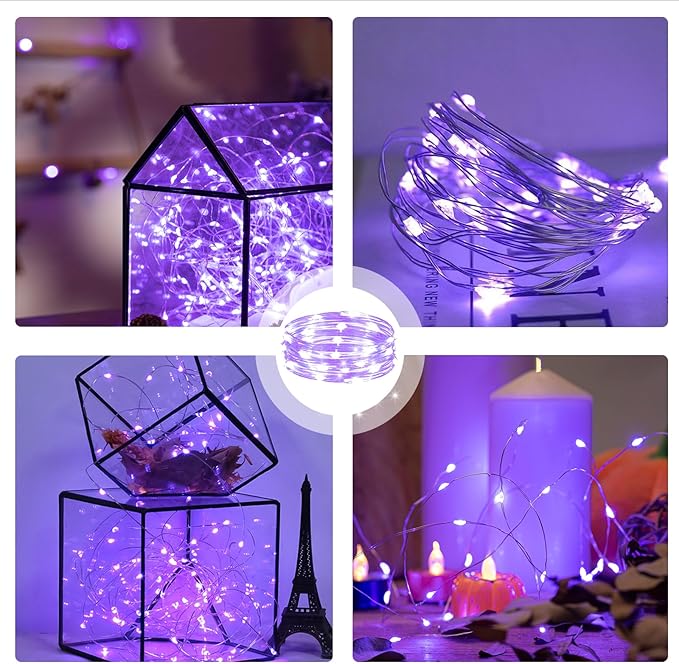 6PCS Purple Fairy Lights Battery Powered with Timer, 7ft 20LEDs Twinkle Mini Lights with Remote,Waterproof Small Silver Wire Firefly Starry for DIY Wedding Party Christmas