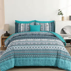 Cottolester Boho King Size Comforter Set 8 Pieces, Teal Comforter Bohemian Striped Bed in A Bag, Soft Microfiber Bedding Set for All Seasons
