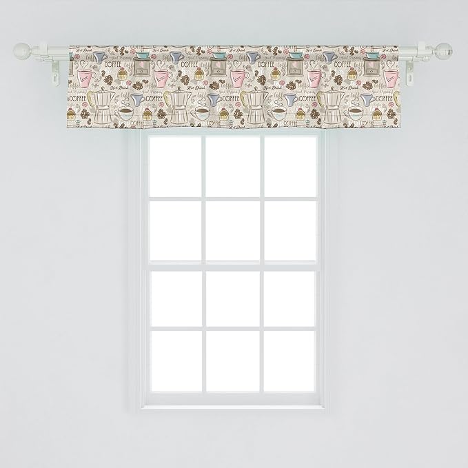 Ambesonne Modern Window Valance Pack of 2, Coffee Time Vintage Espresso Machine Cupcakes Beans Design, Rod Pocket Curtain Valances for Kitchen Bedroom, 42" X 12", Pale Pink Beige