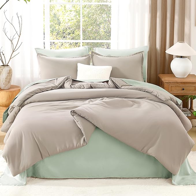 Litanika Oatmeal Comforter Full Size, 3 Pieces Lightweight Solid Bedding Comforter Set, All Season Fluffy Bed Set (79x90In Comforter & 2 Pillowcases)