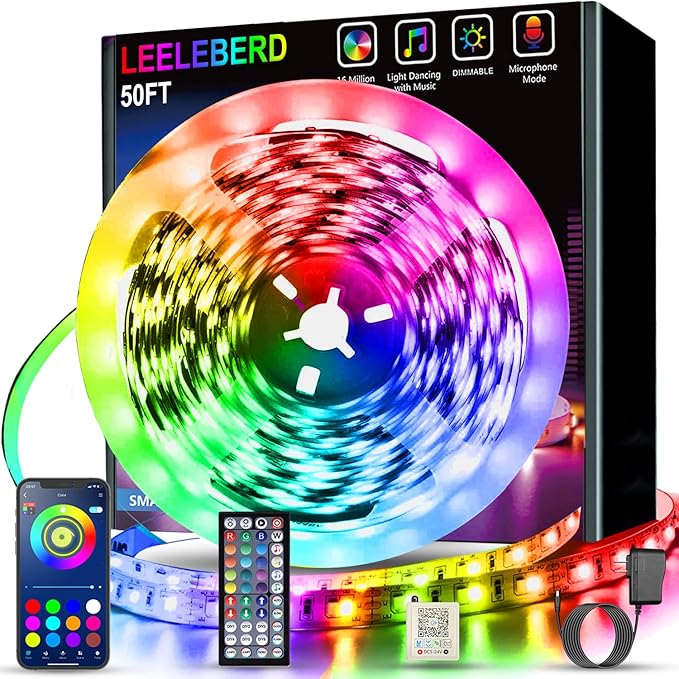 50ft Led Lights for Bedroom, Bluetooth Smart APP Control RGB Color Changing Led Strip Lights with Remote Control and Power Adapter Led Lights for Room Kitchen Party Home Decoration