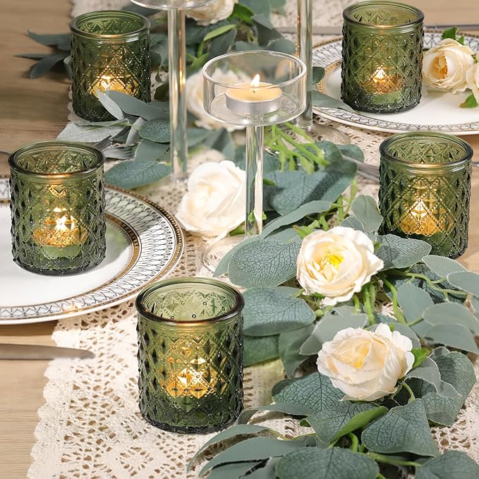 36 Pcs Green Votive Candle Holders, Green Tea Light Holders for Wedding and Dining Holiday Table Decor, Glass Candle Holders for Christmas Home Decoration, Vintage Parties and Gifts