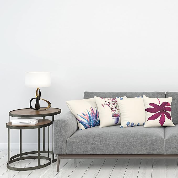 Ambesonne Botanical Throw Pillow Cushion Case Pack of 4, Minimalist Watercolor Painting Leaves Agave Branches Plant in a Pot, Modern Accent Double-Sided Digital Printing, 24", Dark Pink and Ceil Blue