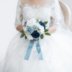 ponatia Dusty Blue Wedding Bouquets for Bride Bridesmaid, White Wedding Artificial Roses Flowers for Wedding Bouquets Ceremony, Anniversary (Dusty Blue & White)