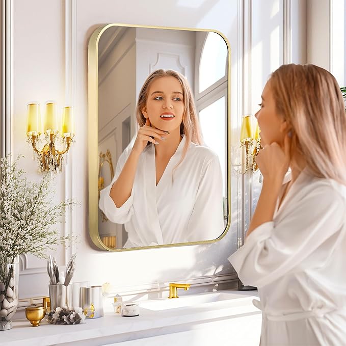 30"x36" Matte Gold Mirror for Wall, Brushed Metal Framed Rounded Corner Rectangular Mirror for Bathroom Vanity,Entryway,Living Room,Bedroom,Vertical or Horizontal