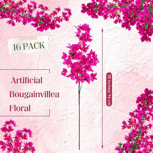 16 Pack Artificial Bougainvillea Floral 38" Silk Long Stem Bougainvillea Plants Hanging Table Centerpiece for Home Wedding Indoor Outdoor Decorations (Rose Purple)