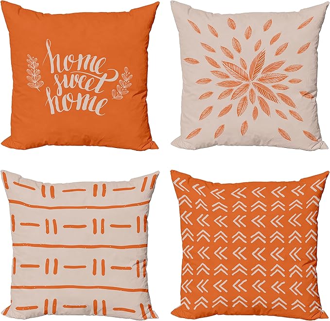 Ambesonne Modern Throw Pillow Cushion Case Pack of 4, Scandinavian Minimal Ornaments Boho Feather Leaves and Home Phrase, Modern Accent Double-Sided Digital Printing, 20", Pale Tan and Burnt Orange