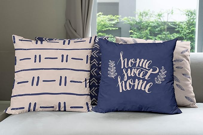 Ambesonne Modern Throw Pillow Cushion Case Pack of 4, Scandinavian Minimal Ornaments Boho Feather Leaves and Home Phrase Print, Modern Accent Double-Sided Digital Printing, 18", Pale Tan and Indigo