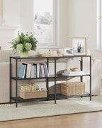 VASAGLE 51.2 Inch Console Table with 3 Shelves, Sofa Tables, Modern Entryway Table, Metal Frame, Tempered Glass Shelf, Entryway Living Room Bedroom, Classic Black and Slate Gray ULGT024B61
