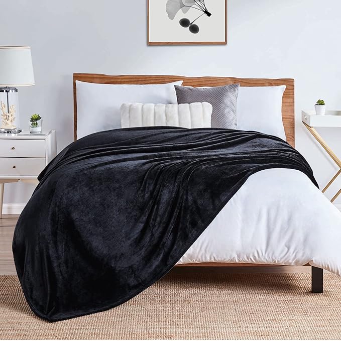 Walensee Fleece Blanket Plush Throw Fuzzy Lightweight (Queen Size 90x90 Black) Super Soft Microfiber Flannel Blankets for Couch, Bed, Sofa Ultra Luxurious Warm and Cozy for All Seasons