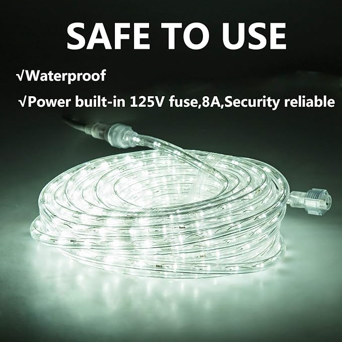 50ft/15m Plug in LED Rope Lights, 540 Daylight White LEDs, 110V, Waterproof,Connectable, Power Socket Connector Fuse Holder, Indoor/Outdoor Use, Ideal for Backyards, Decorative Lighting