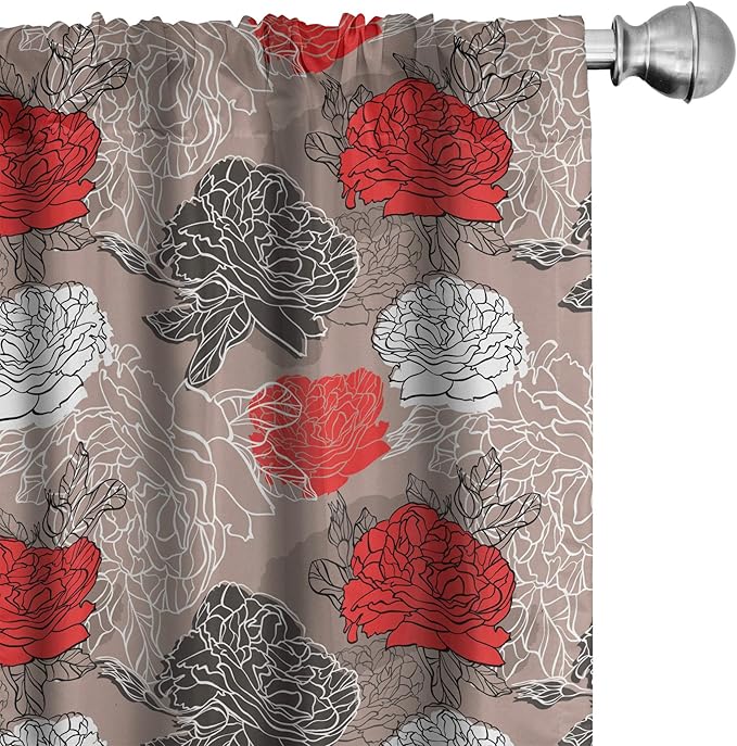 Ambesonne Floral Curtains, Blossoming Peonies Vintage Botanical Composition Abstract Petals and Buds, Window Treatments 2 Panel Set for Living Room Bedroom, Pair of - 28" x 84", Red Grey