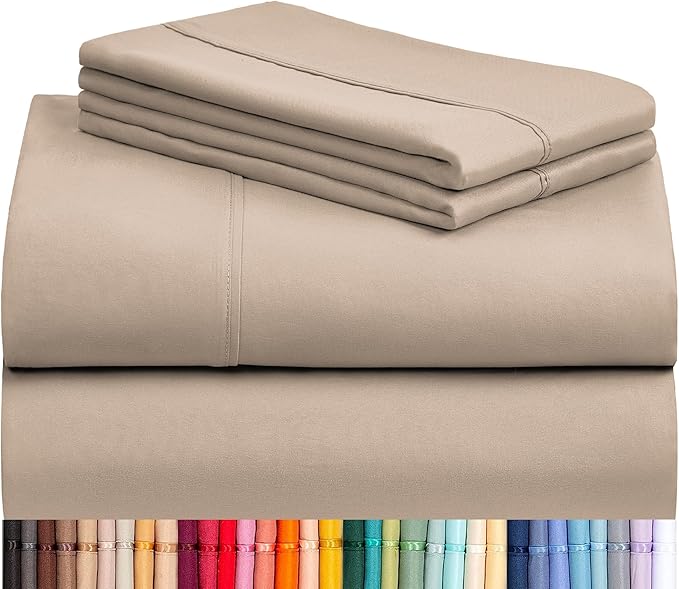 LuxClub 4 PC Queen Sheet Set, Breathable Luxury Bed Sheets, Deep Pockets Wrinkle Free Cooling Sheets Machine Washable Hotel Bedding Silky Soft - Light Khaki Queen
