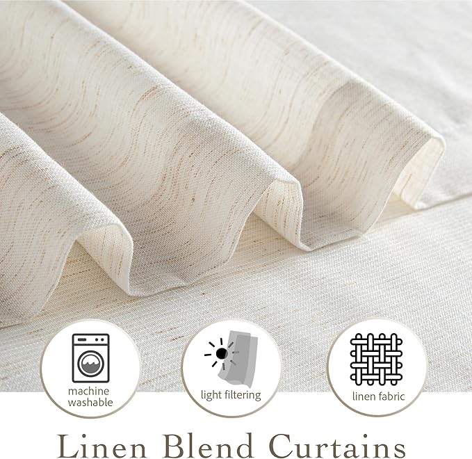 RYB HOME Linen Sheer Curtains Extra Long Window Drapes Light & Airy Translucent Panels for Bedroom Living Room, Office, Nursery, Rod Pocket Back Tab, Ivory, W 52 x L 102 inch, Set of 2