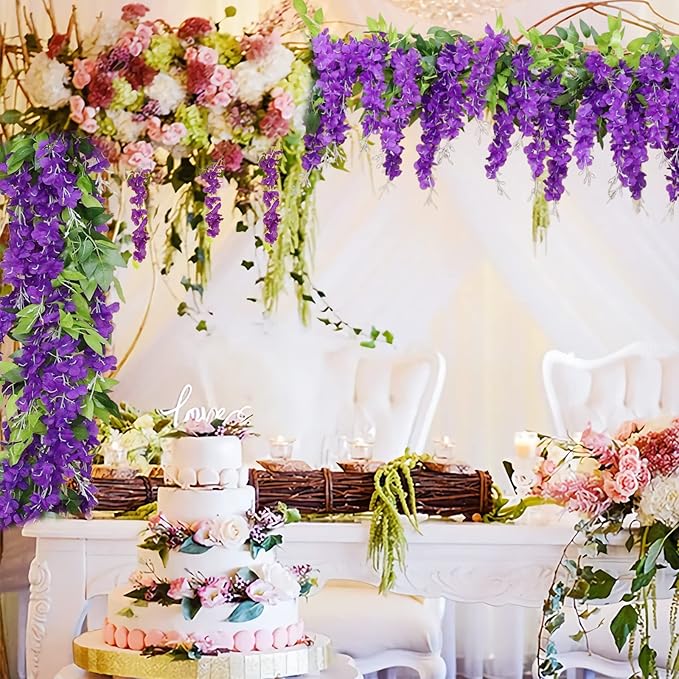 Wisteria Artificial Flowers Garland, 8Pcs Total 57.6ft Silk Faux Wisteria Vine Kit, Hanging Flower Plant for House Outdoor Garden Ceremony Outside Wedding Arch Floral Decor (8, Purple)