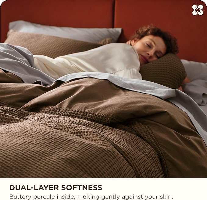Bedsure Cotton Duvet Cover King - 100% Cotton Waffle Weave Brown Duvet Cover King Size, GentleSoft™ and Breathable Bedding Set for All Season, 3 Pieces, 104"x90"