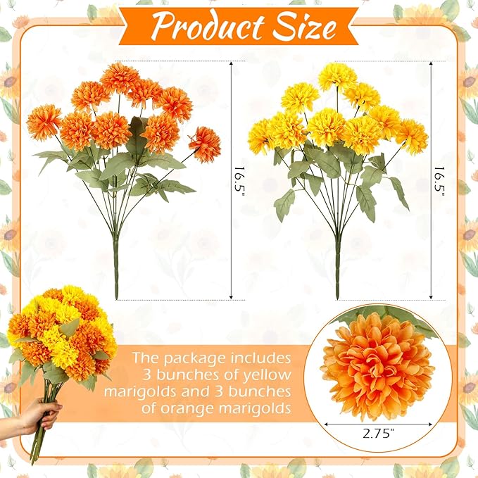 6 Bundles 16.5" Artificial Marigold Flowers 54 Heads Orange & Yellow Dried Silk Fake Marigold Ball Heads Bouquet Realistic Autumn Plants for Day of the Dead Dia De Los Muertos Fall Decoration