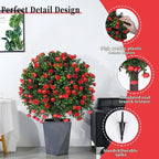 Artificial Boxwood Topiary Ball Trees with Red Rose, 2 Set of 16'' UV Resistant Fake Evergreen Shrubs Bushes Plants with Ground Spike Fake Plants for Outdoor Indoor Front Porch Garden