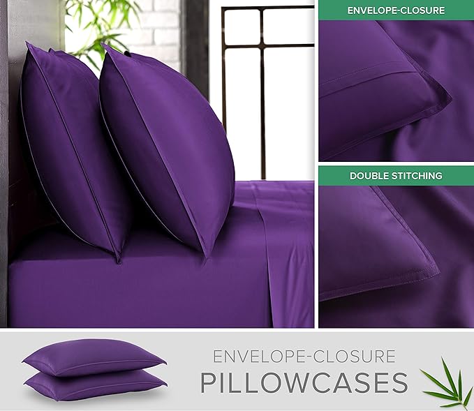 California King Sheets by Pure Bamboo, Genuine 100% Organic Viscose Derived from Bamboo Bed Sheet Set, Soft & Cooling, Double Stitching, Lifetime Quality Promise (California King, Purple)