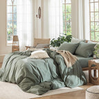 MooMee Bedding Duvet Cover Set 100% Washed Cotton Linen Like Textured Breathable Durable Soft Comfy (Heathered Green, Cal King 104"x98")