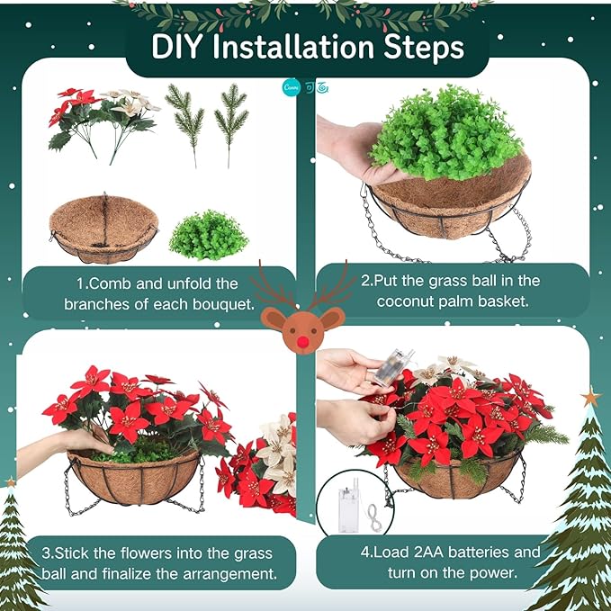 Florielle Artificial Fake Christmas Hanging Flowers Plants Basket with LED Lights, Faux Poinsettia, Pine Branches, for Outdoor New Year Xmas Decoration, Porch Home Holiday Decor (White)
