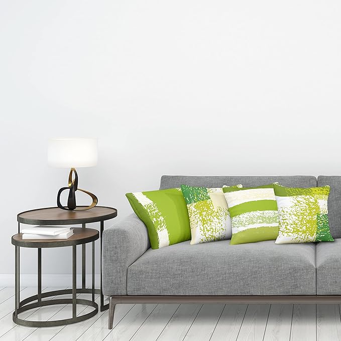 Ambesonne Grunge Throw Pillow Cushion Case Pack of 4, Abstract Design Simplistic Minimal Stripes Brushstrokes Contemporary, Modern Accent Double-Sided Digital Printing, 18", Lime Green Cream and White