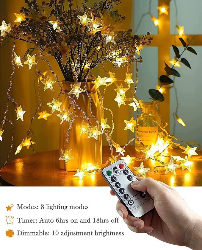 ANJAYLIA Star Lights 20 FT 40 LED Battery Operated String Lights with Remote for Bedroom Indoor & Outdoor, Party, Ramadan, Christmas and Wedding Decorations Warm White