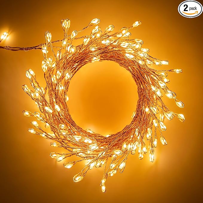 2Pack Firecracker Fairy Lights Plug in, 10Ft 200 LEDs Cluster String Lights, 8 Mode Lighting Copper Wire Lights for Bedroom Wreath Fireplace Wedding Indoor Christmas Tree Decorations, Warm White