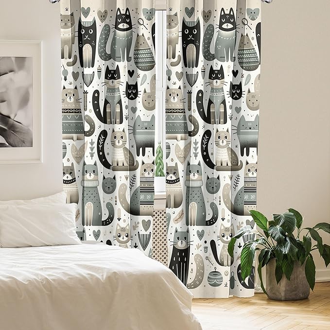 Ambesonne Cats Window Curtains Pack of 2, Modern Scandinavian Inspired Innocent Kitten Pattern with Leafy Details, Lightweight Set with Rod Pocket, 4 Panels of - 28" x 84", Pale Teal Pale Khaki Grey
