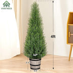 4FT Artificial Cedar Topiary Trees with Rustic Barrel Planter, Outdoor Indoor Realistic Faux Pine Shrubs Plants, Fake Cypress Trees for Home Offices Porch Decor, Set of 2