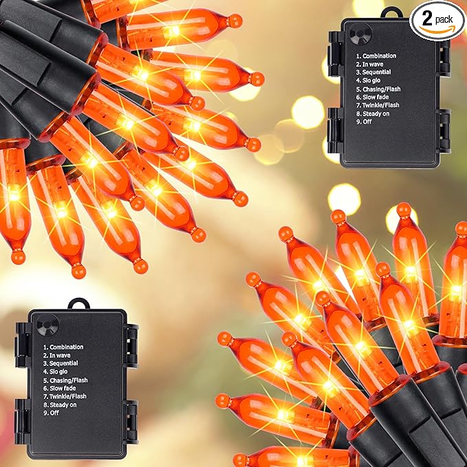 Blissun Halloween Lights, 50-Count Black Wire Light Set, Battery Operated Halloween Mini String Light with 8 Modes, 16 ft Fairy Lights for Halloween Tree Garden Wreath Decorations (2 Pack, Orange)