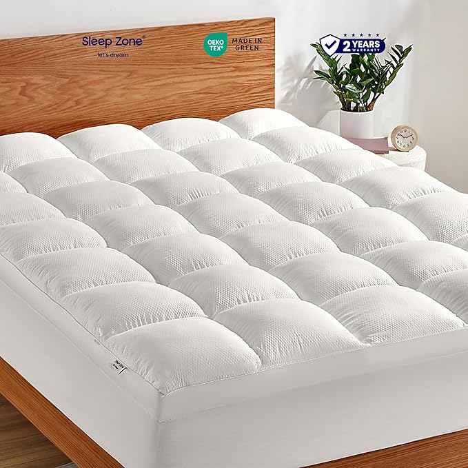SLEEP ZONE King Mattress Topper Washable, Deep Pocket Mattress Pad, Thick Fitted Mattress Cover for Back Pain, Breathable Mattress Protector, Hotel Quality (White, King)