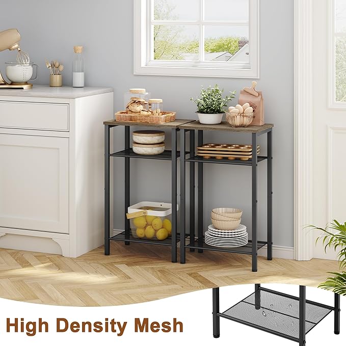 Hoctieon 2-Set 3 Tier End Table, Telephone Table Set of 2, Tall Side Table with Storage Set of 2, Small Nightstand for Small Spaces, Metal Frame, for Living Room, Bedroom, Sofa Couch, Hallway, Greige