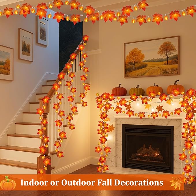 3 Pack Thanksgiving Decorations Fall Garland with Pumpkin Lights & Enlarged Maple Fall String Lights Pumpkin Decor, 30Ft 60LED Waterproof Battery Operated Christmas Fall Thanksgiving Decor for Home