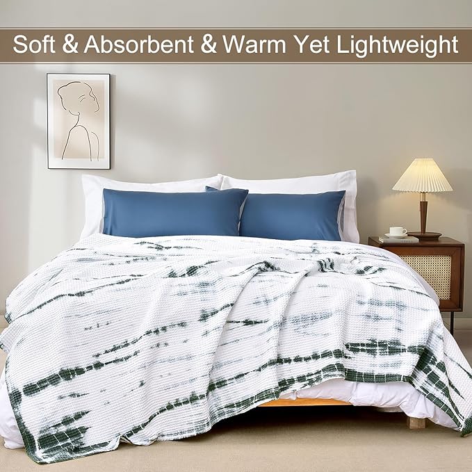PHF 100% Cotton Tie-dye Waffle Weave Blanket Queen Size,Soft Breathable Skin-Friendly Durable Layering for All Season, Manual Elegant Delicate Pattern for Bed, Home Decor, Couch,Tie Dyed Green, 90x90