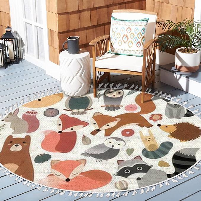 Round Rugs Woodland Animals Cute Forest Design Elements Boho Area Rug Linen and Cotton Carpet Meditation Rug Washable Hallway Runner Mat Accent Rug for Bedroom Bathroom 4ft, Multi1
