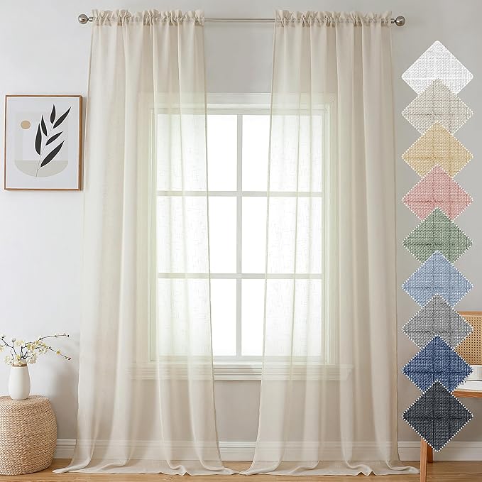 Aiyufeng Kirei Farmhouse Sheer Curtains Flax Textured for Living Room, Semi Sheer Vertical Drapes Privacy with Light Filter for Home Office/Farm House, W40 x L96, Linen, 1 Pair