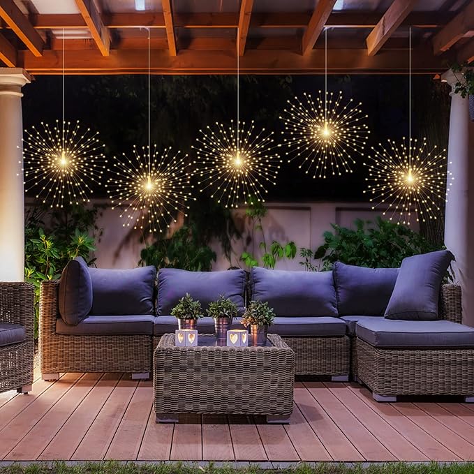 4 Pack Starburst Sphere Lights,200 LED Firework Lights, 8 Modes Dimmable Remote Control Waterproof Hanging Fairy Light, Copper Wire Light for Patio Parties Christmas (Battery Operated)