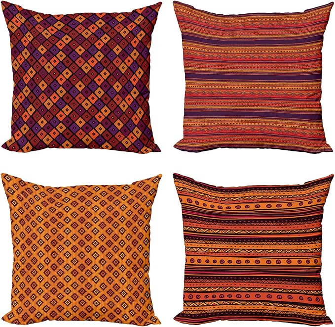 Ambesonne Ethnic Throw Pillow Cushion Case Pack of 4, Tribal Folkloric Pattern of Geometric Forms Shapes and Stripes Print, Modern Accent Double-Sided Digital Printing, 24", Orange Plum