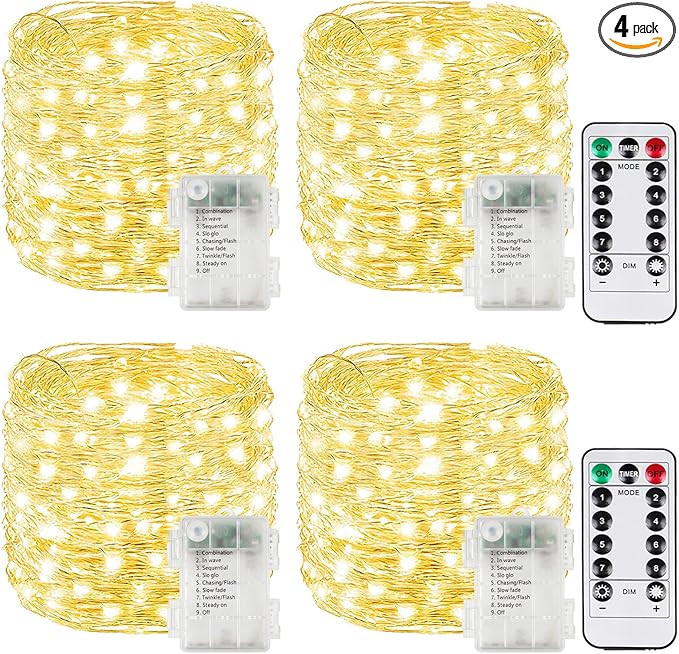 4 Pack Christmas Fairy Lights Battery Operated with Remote, Each 33FT 100LED Waterproof Twinkle Lights with Timer, String Light Indoor & Outdoor for Bedroom Wedding Christmas Decorations (Warm White)