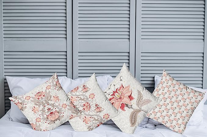 Ambesonne Vintage Throw Pillow Cushion Case Pack of 4, Ethnic Folkloric Flower Motifs in Neutral Tones Nostalgic Floral, Modern Accent Double-Sided Digital Printing, 24", Salmon Vermilion