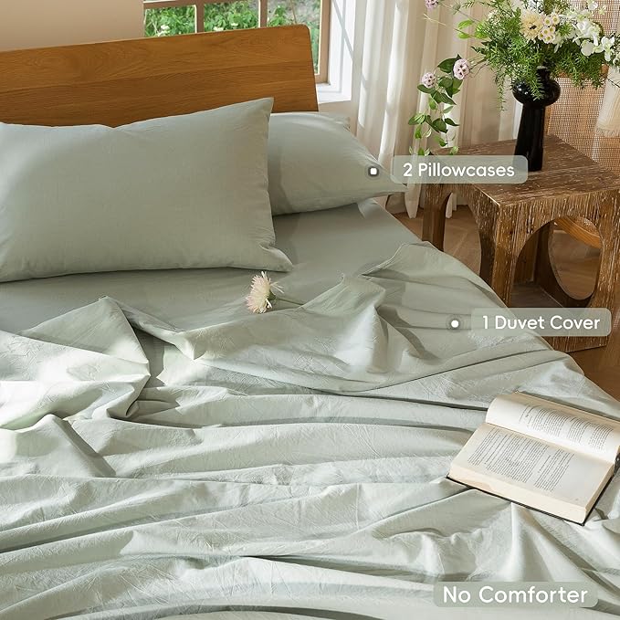 MooMee Bedding Duvet Cover Set 100% Washed Cotton Linen Like Textured Breathable Durable Soft Comfy (Heathered Sage Green, Full 80"x90")