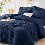 HYMOKEGE Navy Blue Twin XL Comforter Set Seersucker 5 Pieces, All Season Luxury Bed in a Bag for Bedroom, Bedding Set with Comforter, Sheets, Pillowcase & Sham