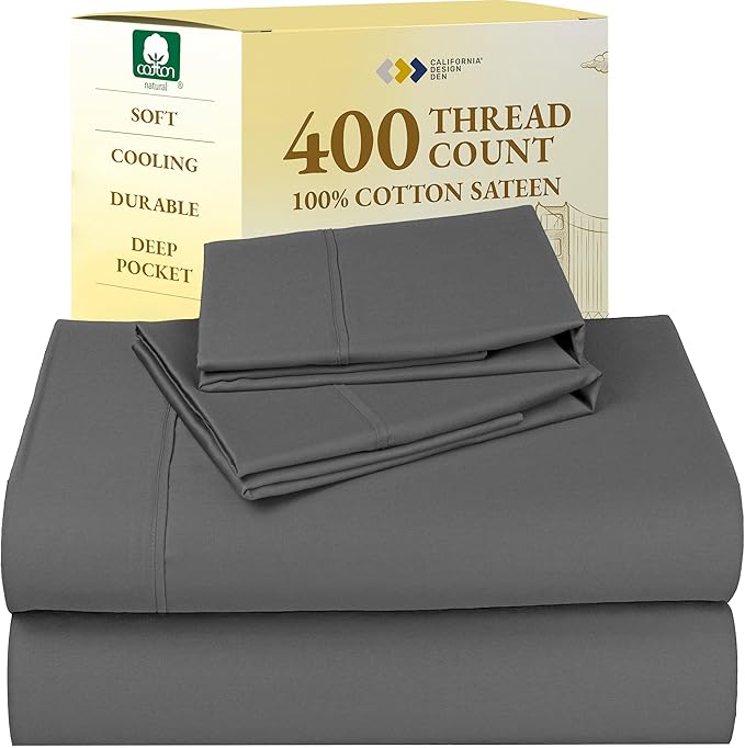 California Design Den California King Sheet Sets - Soft 100% Cotton Sheets, Soft Sateen Weave, Deep Pockets, Cooling and Durable Bedding Set - Grey