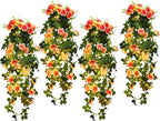 RECUTMS 4pcs Hanging Rose Flower Artificial Plants 32-in Fake Ivy Vine with 30 LED Fairy String Lights Outdoor UV Resistant Plastic Roses for Home Room Wedding Decor (Champagne)