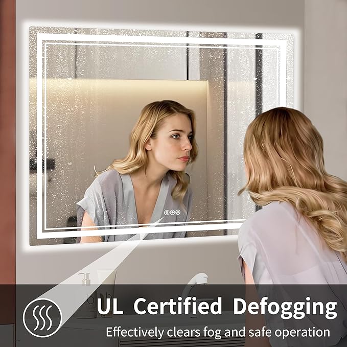 36''x36'' Lighted Mirrors for Bathroom Wall Backlit + Front Lit, Rectangular LED Bathroom Mirror Frameless with Lights Anti Fog, Dimmable, 3 Colors,Tempered Glass, Shatter-Proof