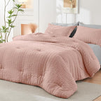 HYMOKEGE Rose Gold/Light Grey California King Comforter Set Seersucker 7 Pieces, All Season Luxury Bed in a Bag for Bedroom, Bedding Set with Comforter, Sheets, Pillowcases & Shams