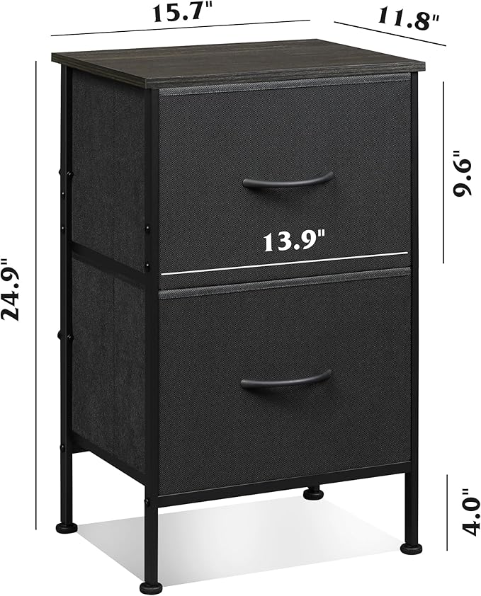 WLIVE Nightstand Set of 2, 2 Drawer Dresser for Bedroom, Small Dresser with 2 Drawers, Bedside Furniture, Night Stand, End Table with Fabric Bins for Bedroom, Dorm, Charcoal Black, Size L