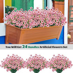 Lnoicy 24 Pcs Artificial Flowers for Outdoor,Plastic Flowers Decoration, UV Resistant Faux Flowers Shrubs, Artificial Plants for Indoor Outside Garden Home Wedding Farmhouse(Pink)